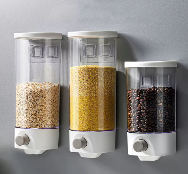 Classy Wall Mounted Separate Rice Bucket Kitchen Cereal Dispenser Transparent Grain Jar Food Storage Box Container Sealed Tanks 1kg containers
