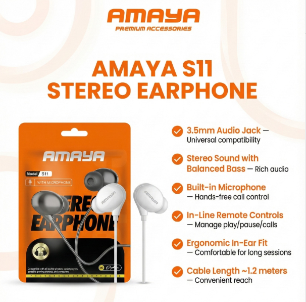 Amaya deep pure bass with mic stereo earphones-S11 & S12 Amaya earphones Amaya Earphones Provided by high-performance microphone, unique dual sonic concentrator .
