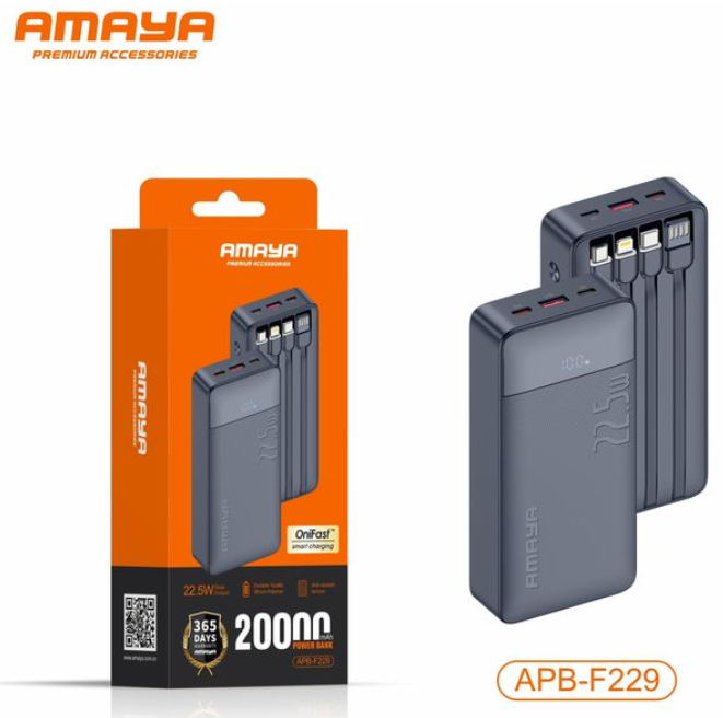 Amaya APB-F229 22.5W SUPER FAST CHARGER 20000MAH POWER BANK, DURABLE QUALITY , ANTI-SCRATCH TEXTURE, 4 BUILD-IN 1 CABLES, DIGITAL LED DISPLAY