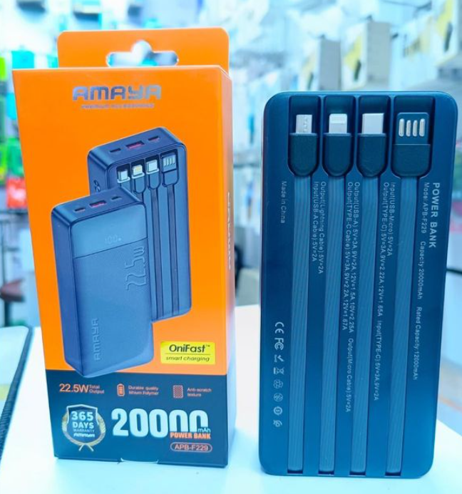 Amaya APB-F229 22.5W SUPER FAST CHARGER 20000MAH POWER BANK, DURABLE QUALITY , ANTI-SCRATCH TEXTURE, 4 BUILD-IN 1 CABLES, DIGITAL LED DISPLAY