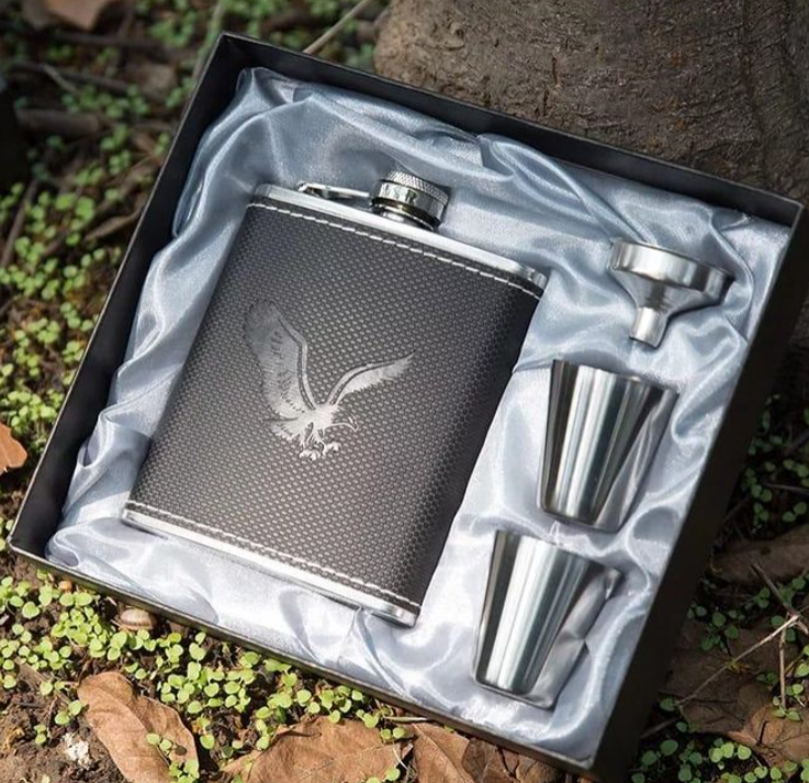 Portable Whiskey Hip Flask Leather Wrapped Engraved Stainless Steel,.Comes in a nice package and with 2 tot cups  Discreet Alcohol Bottle for Travel, Camping, Gifts