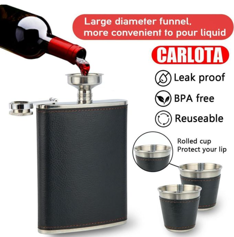 Portable Whiskey Hip Flask Leather Wrapped Engraved Stainless Steel,.Comes in a nice package and with 2 tot cups  Discreet Alcohol Bottle for Travel, Camping, Gifts