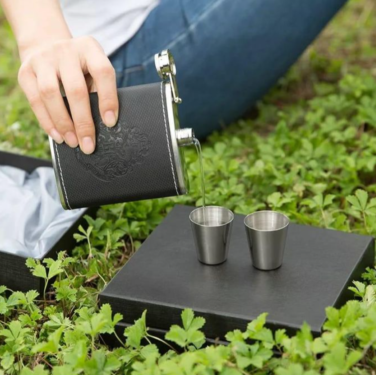 Portable Whiskey Hip Flask Leather Wrapped Engraved Stainless Steel,.Comes in a nice package and with 2 tot cups  Discreet Alcohol Bottle for Travel, Camping, Gifts