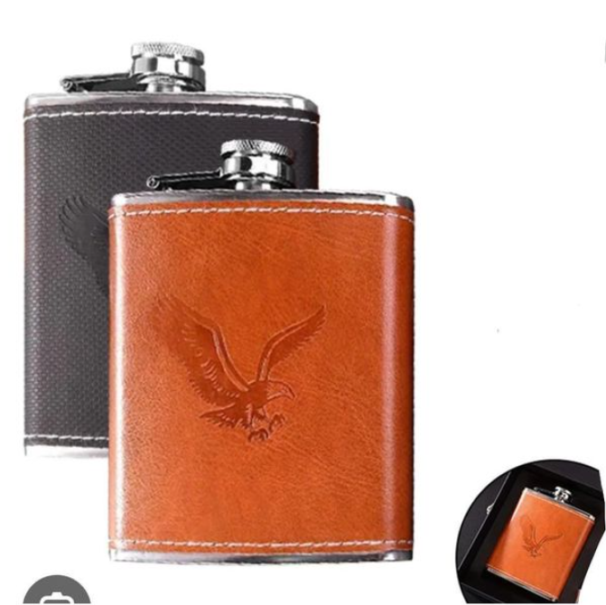 Portable Whiskey Hip Flask Leather Wrapped Engraved Stainless Steel,.Comes in a nice package and with 2 tot cups  Discreet Alcohol Bottle for Travel, Camping, Gifts