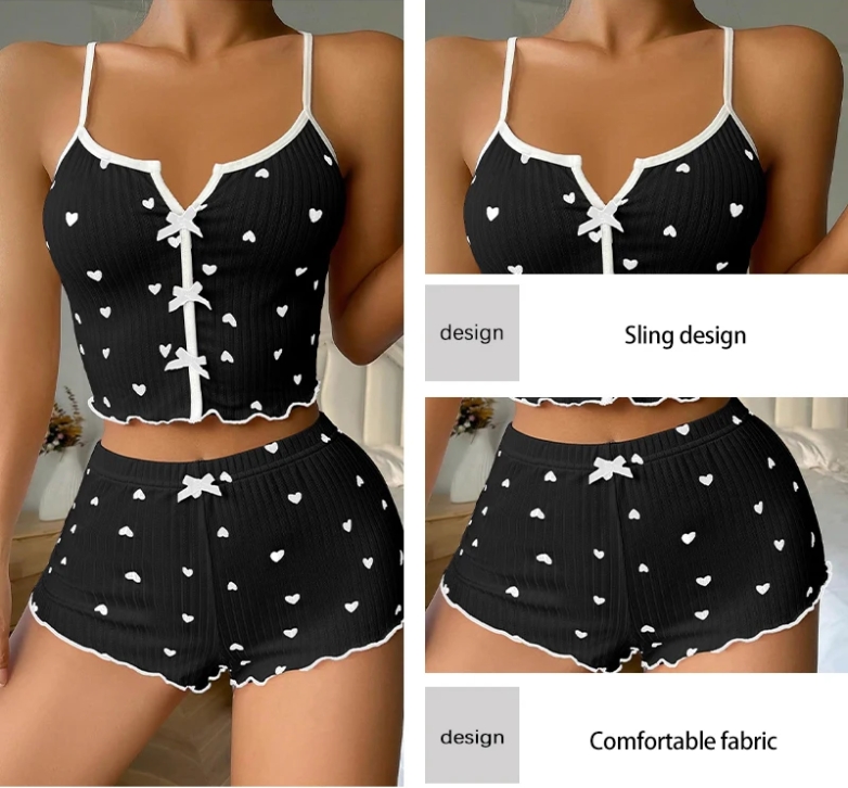 New Hot Sale Of The Season Heart Print Color Block Home Clothes Set Strap Sleepwear Front Split Design Comfortable Women's Fashi