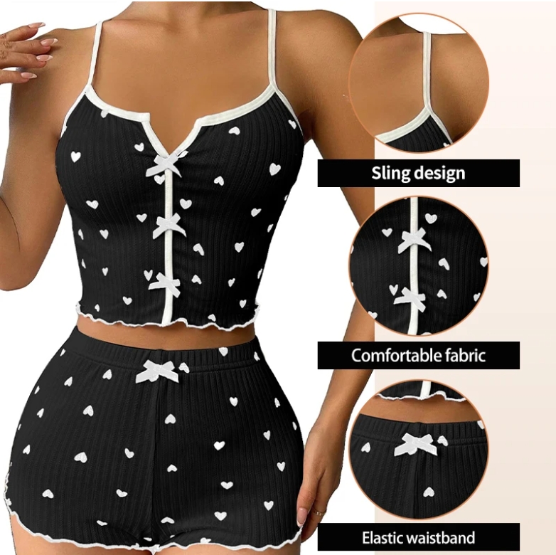 New Hot Sale Of The Season Heart Print Color Block Home Clothes Set Strap Sleepwear Front Split Design Comfortable Women's Fashi