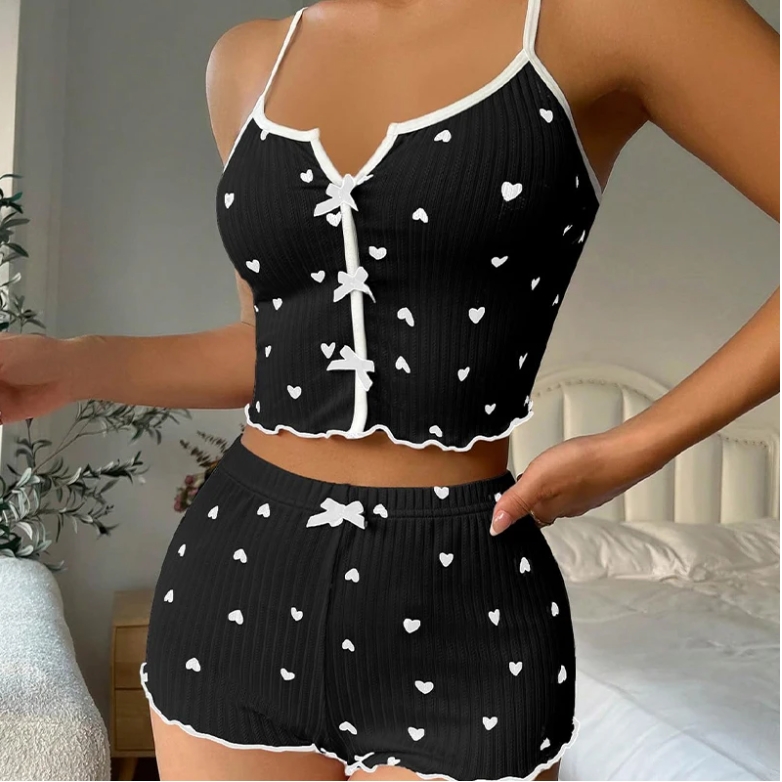 New Hot Sale Of The Season Heart Print Color Block Home Clothes Set Strap Sleepwear Front Split Design Comfortable Women's Fashi
