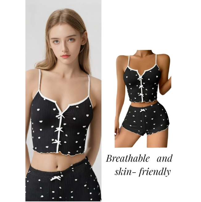 New Hot Sale Of The Season Heart Print Color Block Home Clothes Set Strap Sleepwear Front Split Design Comfortable Women's Fashi