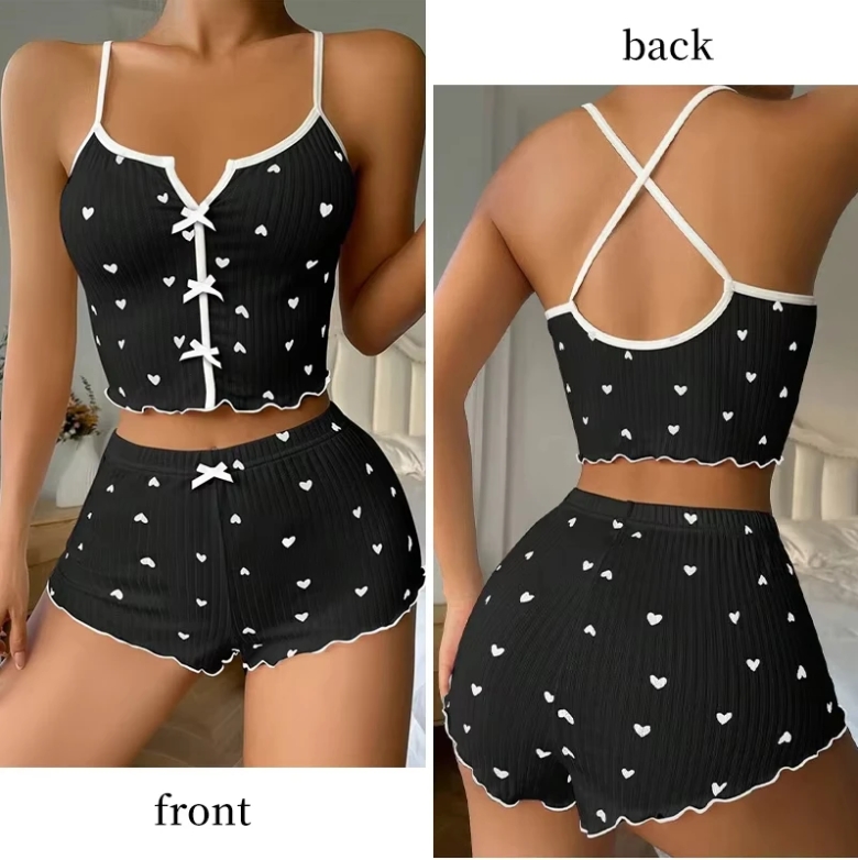 New Hot Sale Of The Season Heart Print Color Block Home Clothes Set Strap Sleepwear Front Split Design Comfortable Women's Fashi