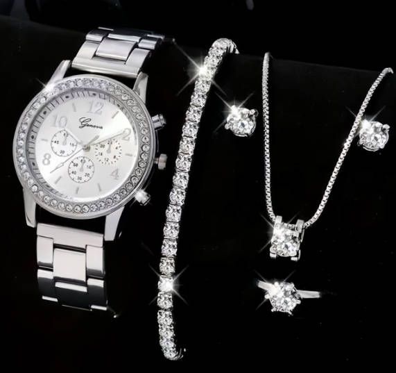 5 PCS Set Gold Watch Women Luxury Ring Necklace Earrings Rhinestone Fashion Wristwatch Female Casual Watches Bracelet Set  Local fast delivery