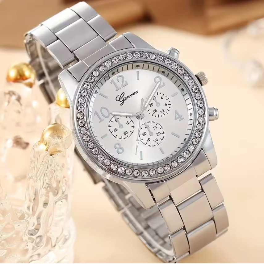 5 PCS Set Gold Watch Women Luxury Ring Necklace Earrings Rhinestone Fashion Wristwatch Female Casual Watches Bracelet Set  Local fast delivery