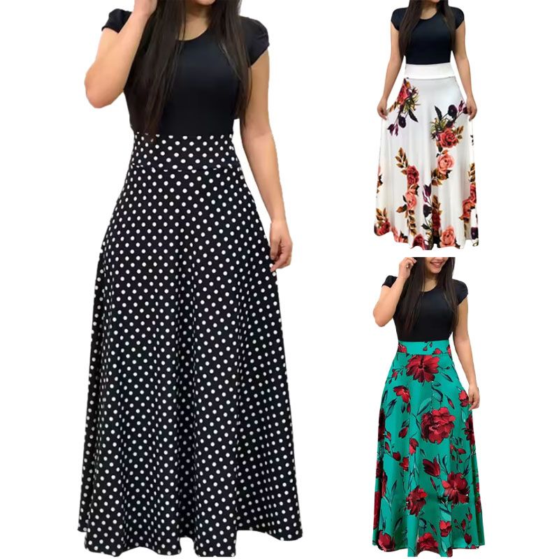 Summer Women  Dress  Casual Elegant  Evening Party Ladies Dresses Girl Clothes Floral Print Color Block Round Neck Beach Party Short Sleeve Maxi Dress Fast delivery within 1-5 days