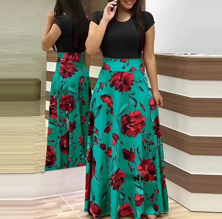 Summer Women  Dress  Casual Elegant  Evening Party Ladies Dresses Girl Clothes Floral Print Color Block Round Neck Beach Party Short Sleeve Maxi Dress Fast delivery within 1-5 days