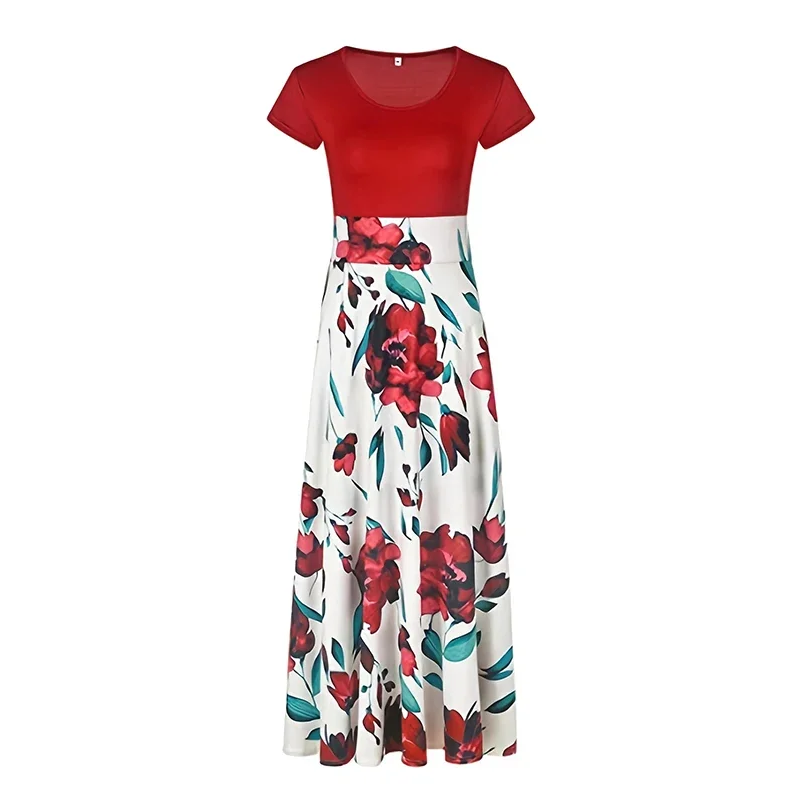 Summer Women  Dress  Casual Elegant  Evening Party Ladies Dresses Girl Clothes Floral Print Color Block Round Neck Beach Party Short Sleeve Maxi Dress Fast delivery within 1-5 days