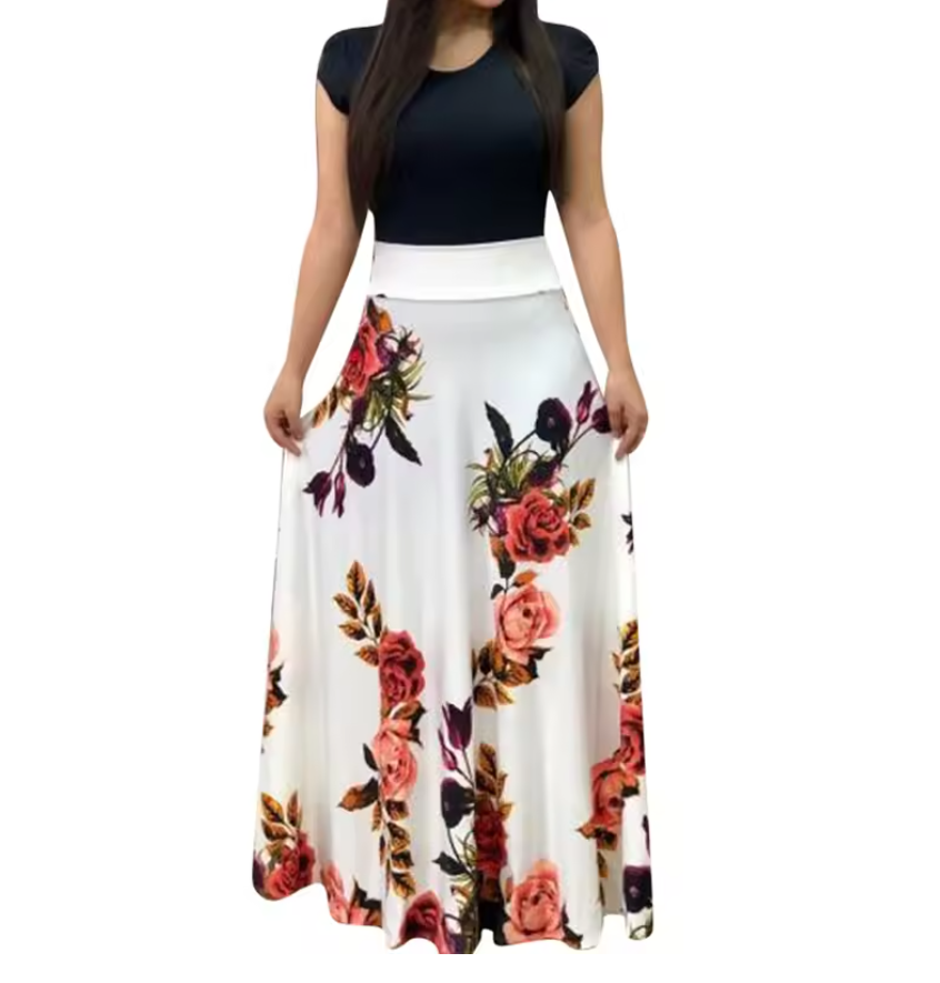 Summer Women  Dress  Casual Elegant  Evening Party Ladies Dresses Girl Clothes Floral Print Color Block Round Neck Beach Party Short Sleeve Maxi Dress Fast delivery within 1-5 days