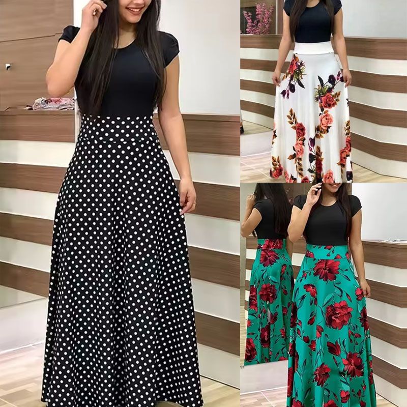 Summer Women  Dress  Casual Elegant  Evening Party Ladies Dresses Girl Clothes Floral Print Color Block Round Neck Beach Party Short Sleeve Maxi Dress Fast delivery within 1-5 days