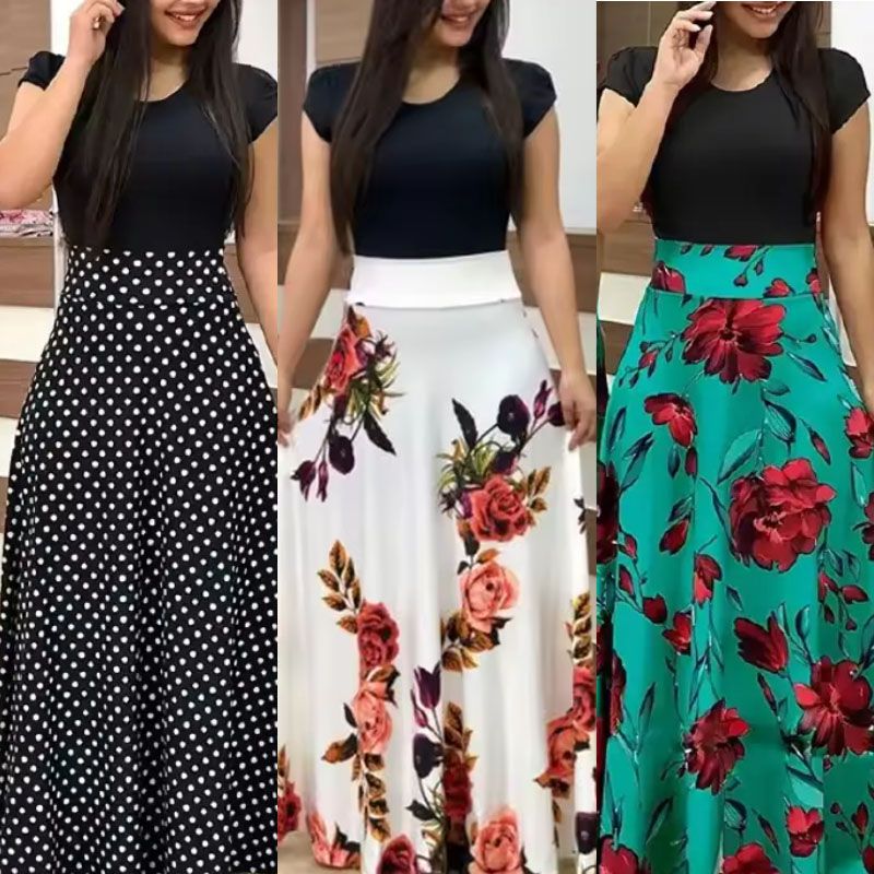 Summer Women  Dress  Casual Elegant  Evening Party Ladies Dresses Girl Clothes Floral Print Color Block Round Neck Beach Party Short Sleeve Maxi Dress Fast delivery within 1-5 days