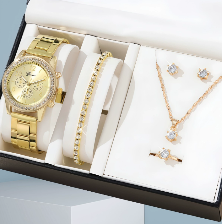 5 PCS Set Gold Watch Women Luxury Ring Necklace Earrings Rhinestone Fashion Wristwatch Female Casual Watches Bracelet Set  Local fast delivery