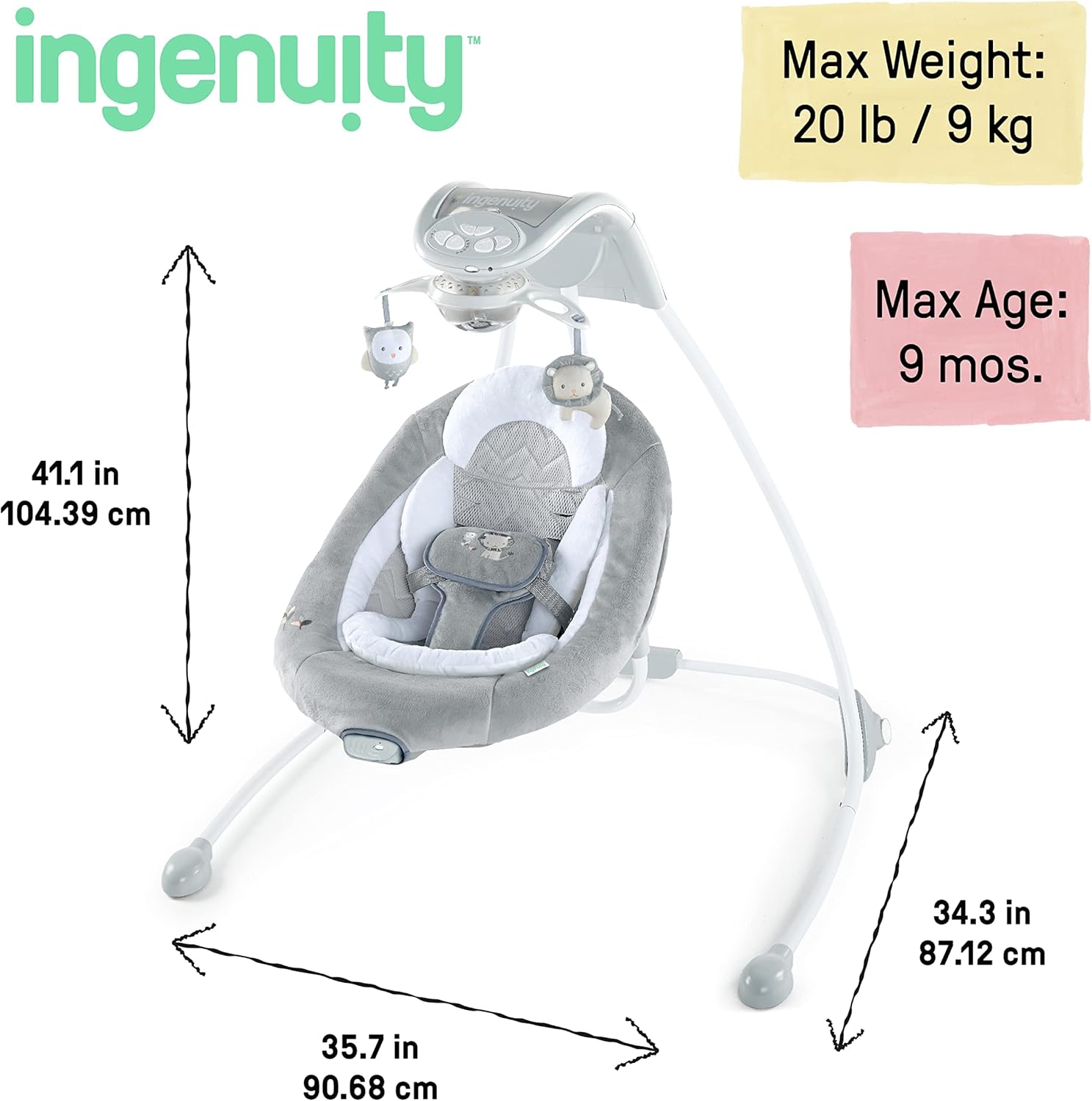 Ingenuity InLighten Baby Swing - Fresh Mesh Fabric, Vibrations, Swivel Child Seat, Nature Sounds - Braden