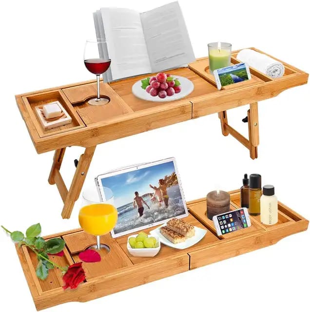 New arrival! Expandable Bamboo Bathtub Caddy Tray / Breakfast Bed Table with Stands