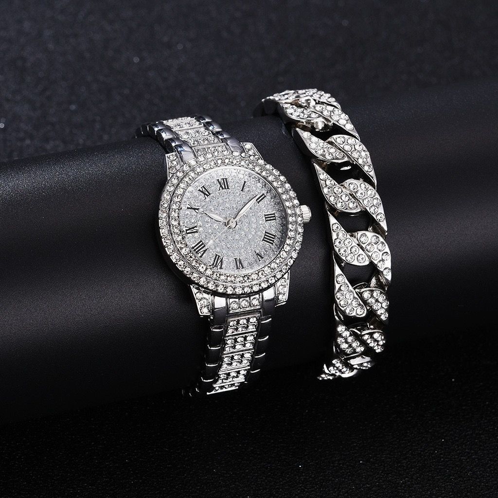 Wrist Watches Ladies Full Diamond Roman Literal Steel Strap Watch Full Star Temperament Business Quartz Watch Hip Hop Style Full Diamond Bracelet Set