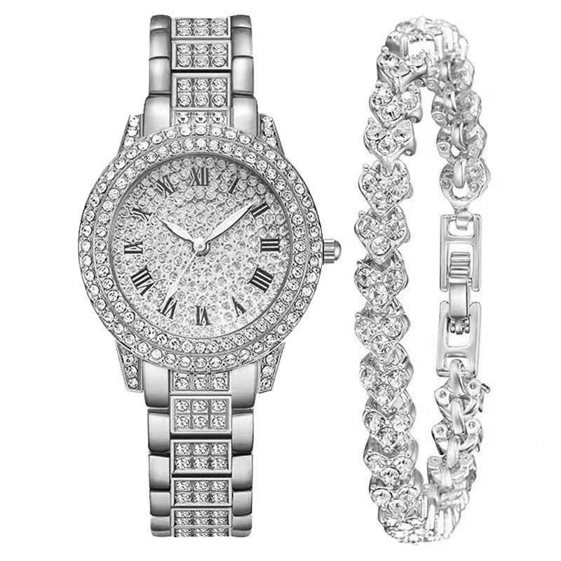 Wrist Watches Ladies Full Diamond Roman Literal Steel Strap Watch Full Star Temperament Business Quartz Watch Hip Hop Style Full Diamond Bracelet Set