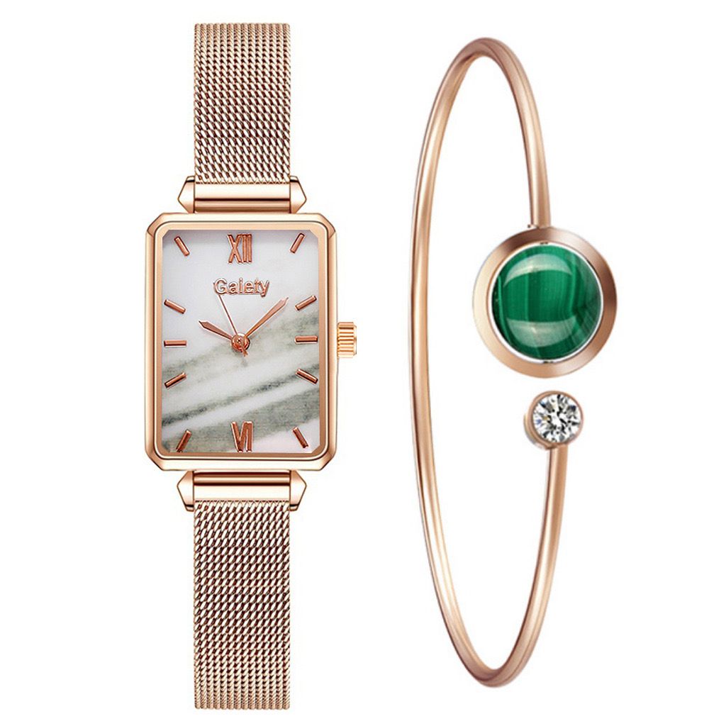 Wrist Watches Simple And Personalized Versatile Women'S Fashion Quartz Watch Bracelet Set Green Dial Simple Rose Gold Mesh