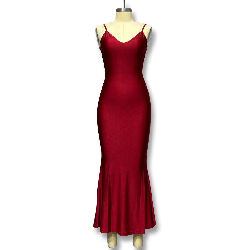 New Fashion Women's Dress Red Deep V Hip Hugging Backless Suspender Fishtail Ladies Evening Dress Long Skirt