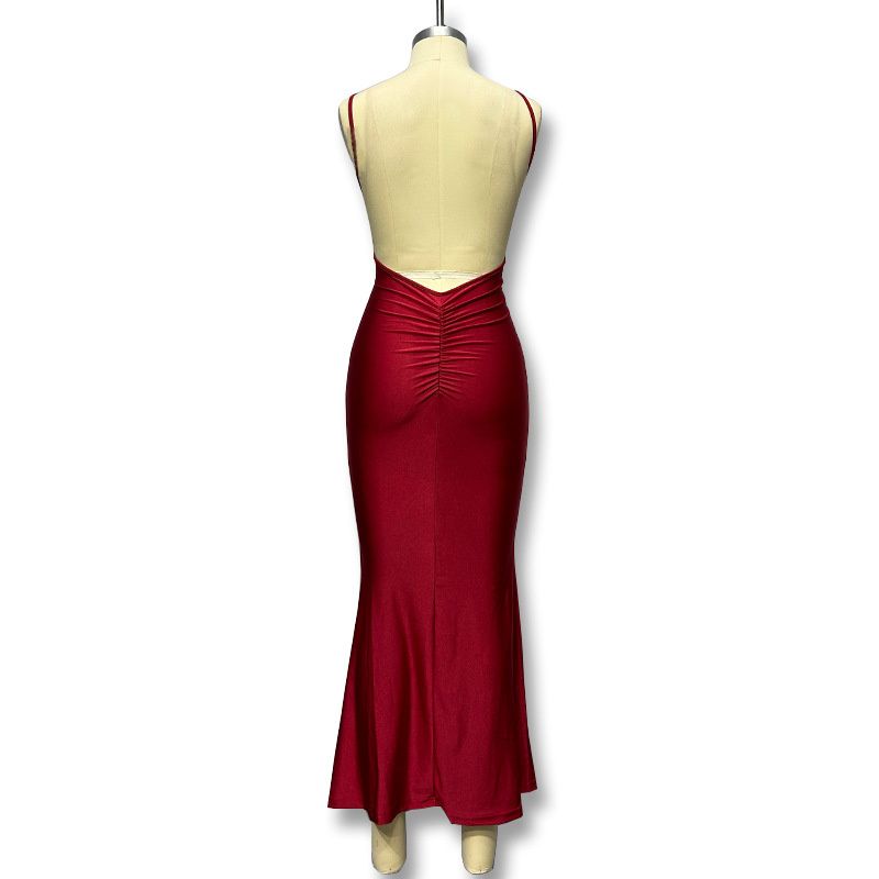 New Fashion Women's Dress Red Deep V Hip Hugging Backless Suspender Fishtail Ladies Evening Dress Long Skirt