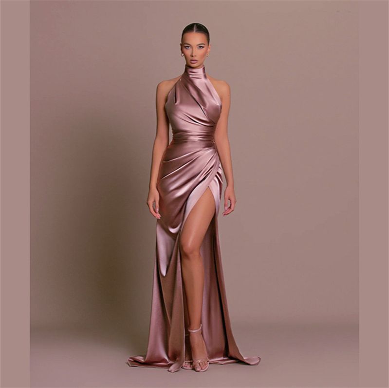 European and American New Fashion Temperament Stand-up Collar Long Skirt Women's Dress Halter Neck Sleeveless Sex Goddess Slit Evening Dress Lady Party Dresses