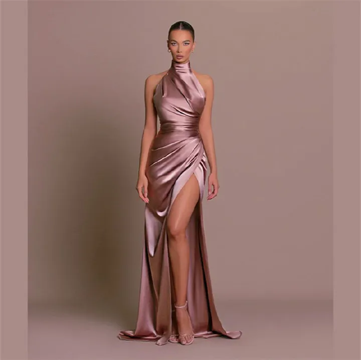 European and American New Fashion Temperament Stand-up Collar Long Skirt Women's Dress Halter Neck Sleeveless Sex Goddess Slit Evening Dress Lady Party Dresses