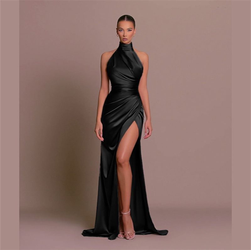 European and American New Fashion Temperament Stand-up Collar Long Skirt Women's Dress Halter Neck Sleeveless Sex Goddess Slit Evening Dress Lady Party Dresses