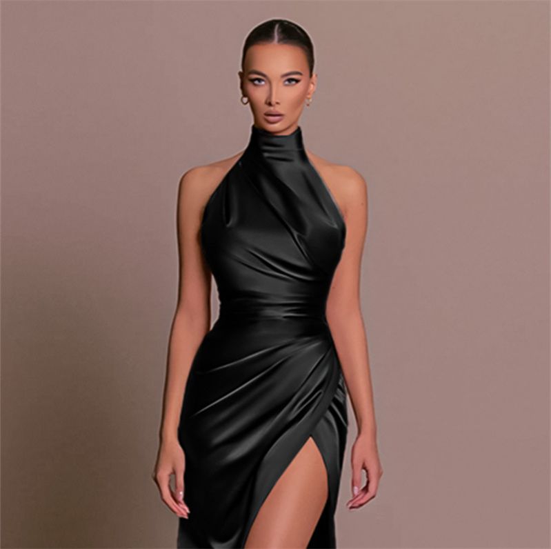 European and American New Fashion Temperament Stand-up Collar Long Skirt Women's Dress Halter Neck Sleeveless Sex Goddess Slit Evening Dress Lady Party Dresses
