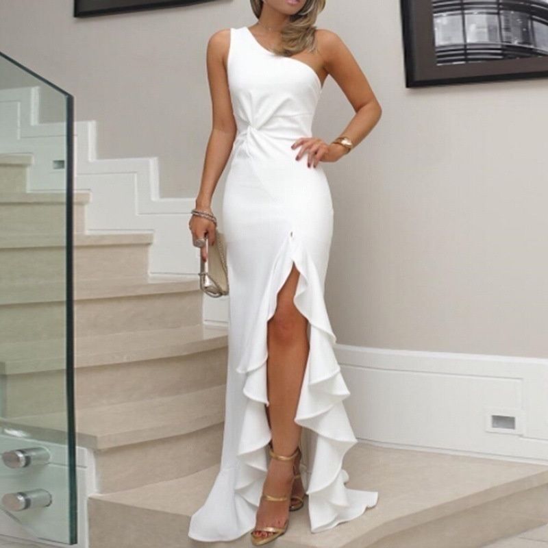 European and American Popula New Women's Dress Split Ruffles Large Hem Party Evening Dress fashion Slanted Shoulder Long Skirt Sex Goddess Lady Dresses