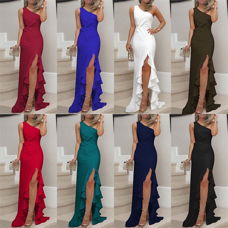 European and American Popula New Women's Dress Split Ruffles Large Hem Party Evening Dress fashion Slanted Shoulder Long Skirt Sex Goddess Lady Dresses