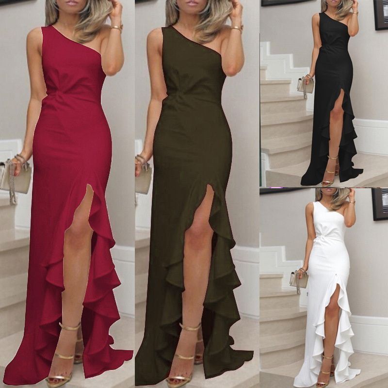European and American Popula New Women's Dress Split Ruffles Large Hem Party Evening Dress fashion Slanted Shoulder Long Skirt Sex Goddess Lady Dresses