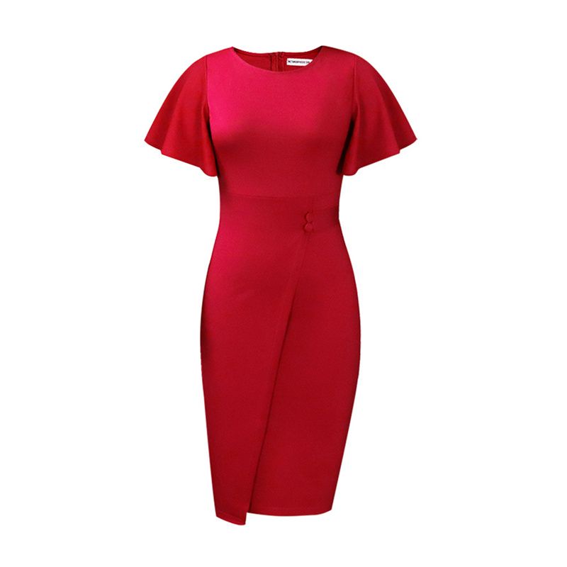 New European and American Popular High Grade Women's Dress Solid Color High Waist Ruffle Sleeve Mid-length Skirt Fashion Temperament Commuting African Office Lady Dresses