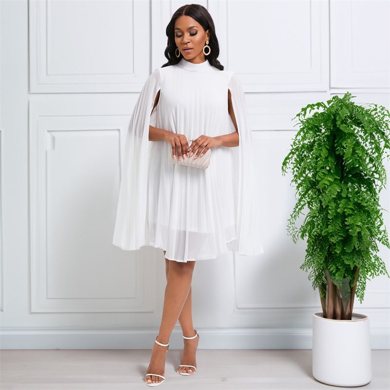 New Temperament Fashionable High Grade Women's Dress Solid Color Chiffon Mid-high Collar Cape  Bat Sleeves Loose Large Size Mid-length Pleated Skirt Elegant Versatile Lady Dresses