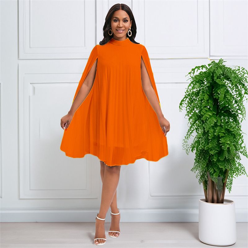 New Temperament Fashionable High Grade Women's Dress Solid Color Chiffon Mid-high Collar Cape  Bat Sleeves Loose Large Size Mid-length Pleated Skirt Elegant Versatile Lady Dresses