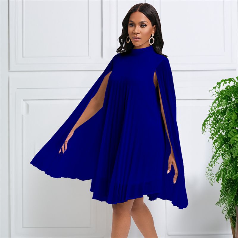 New Temperament Fashionable High Grade Women's Dress Solid Color Chiffon Mid-high Collar Cape  Bat Sleeves Loose Large Size Mid-length Pleated Skirt Elegant Versatile Lady Dresses