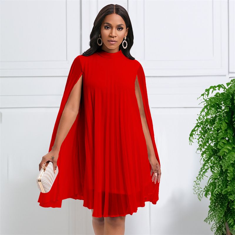 New Temperament Fashionable High Grade Women's Dress Solid Color Chiffon Mid-high Collar Cape  Bat Sleeves Loose Large Size Mid-length Pleated Skirt Elegant Versatile Lady Dresses