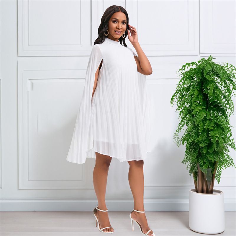 New Temperament Fashionable High Grade Women's Dress Solid Color Chiffon Mid-high Collar Cape  Bat Sleeves Loose Large Size Mid-length Pleated Skirt Elegant Versatile Lady Dresses