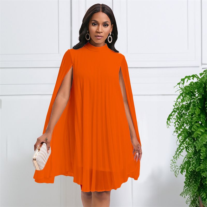 New Temperament Fashionable High Grade Women's Dress Solid Color Chiffon Mid-high Collar Cape  Bat Sleeves Loose Large Size Mid-length Pleated Skirt Elegant Versatile Lady Dresses