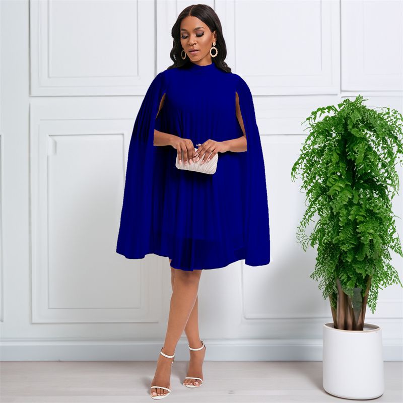 New Temperament Fashionable High Grade Women's Dress Solid Color Chiffon Mid-high Collar Cape  Bat Sleeves Loose Large Size Mid-length Pleated Skirt Elegant Versatile Lady Dresses