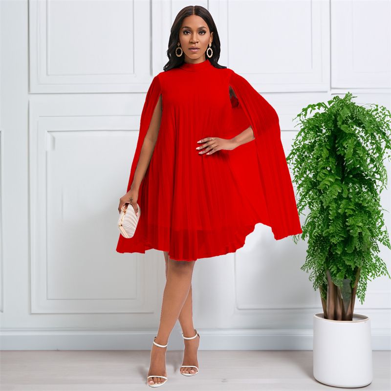 New Temperament Fashionable High Grade Women's Dress Solid Color Chiffon Mid-high Collar Cape  Bat Sleeves Loose Large Size Mid-length Pleated Skirt Elegant Versatile Lady Dresses