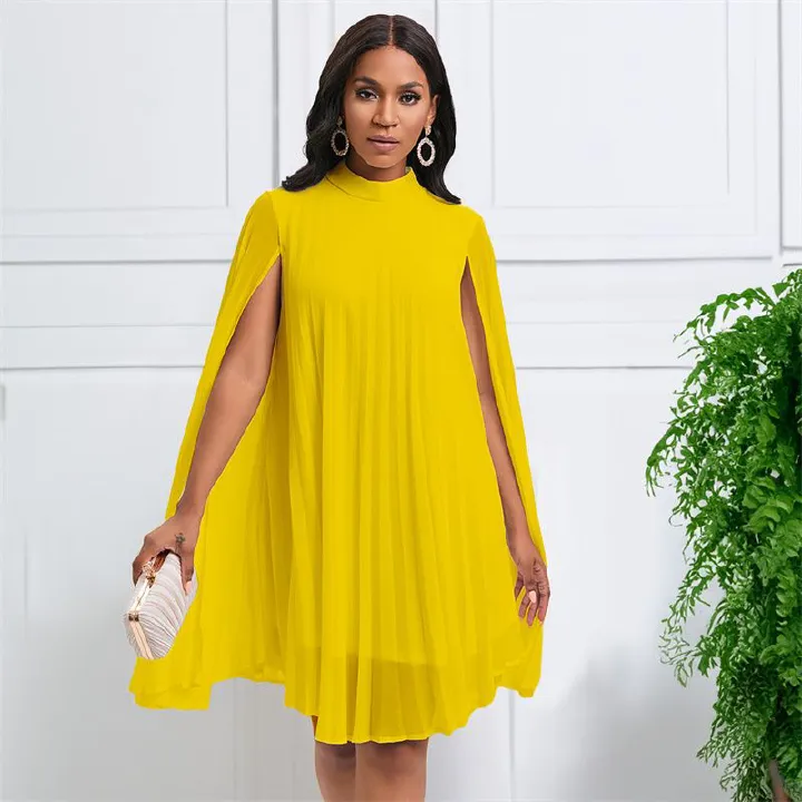 New Temperament Fashionable High Grade Women's Dress Solid Color Chiffon Mid-high Collar Cape  Bat Sleeves Loose Large Size Mid-length Pleated Skirt Elegant Versatile Lady Dresses