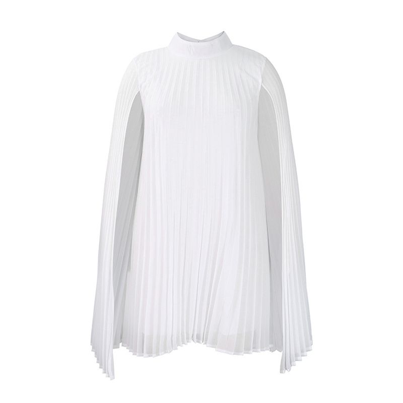 New Temperament Fashionable High Grade Women's Dress Solid Color Chiffon Mid-high Collar Cape  Bat Sleeves Loose Large Size Mid-length Pleated Skirt Elegant Versatile Lady Dresses