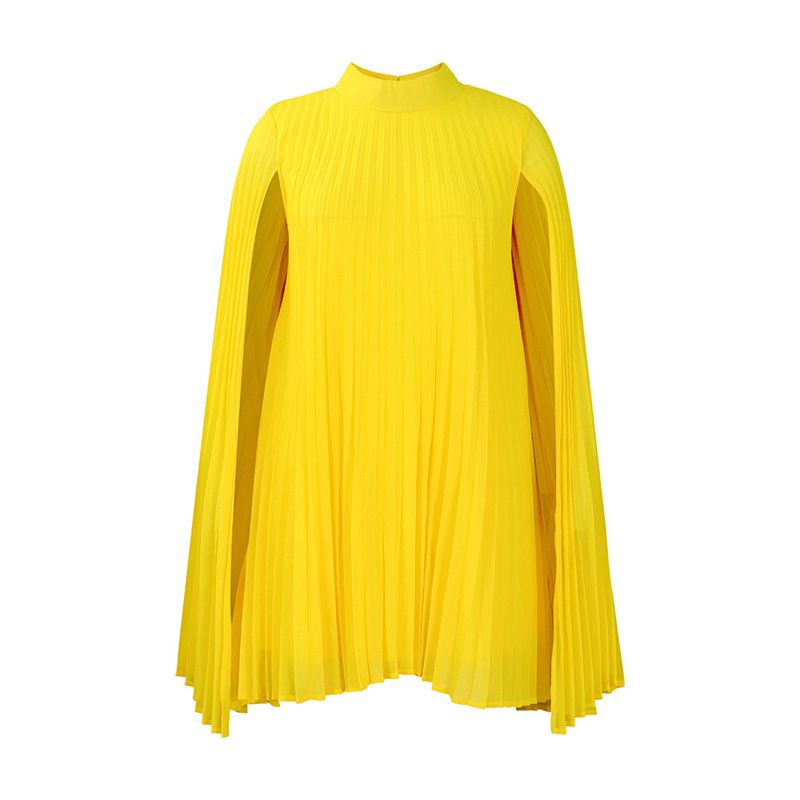 New Temperament Fashionable High Grade Women's Dress Solid Color Chiffon Mid-high Collar Cape  Bat Sleeves Loose Large Size Mid-length Pleated Skirt Elegant Versatile Lady Dresses