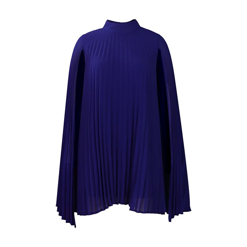 New Temperament Fashionable High Grade Women's Dress Solid Color Chiffon Mid-high Collar Cape  Bat Sleeves Loose Large Size Mid-length Pleated Skirt Elegant Versatile Lady Dresses