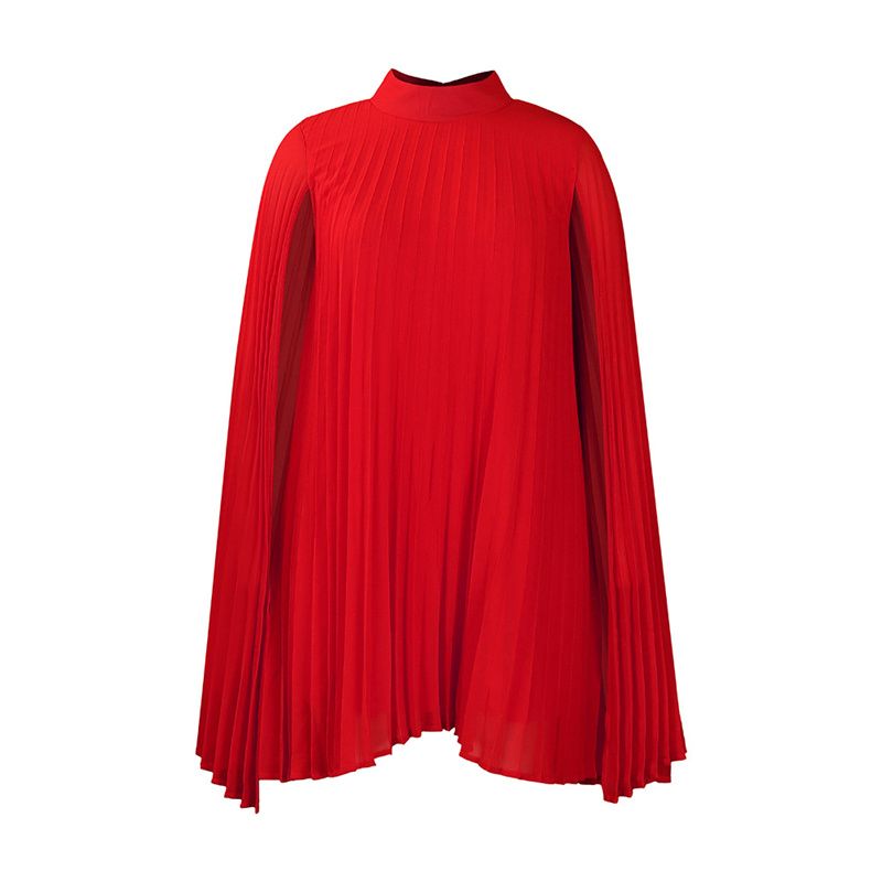 New Temperament Fashionable High Grade Women's Dress Solid Color Chiffon Mid-high Collar Cape  Bat Sleeves Loose Large Size Mid-length Pleated Skirt Elegant Versatile Lady Dresses